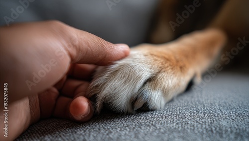 Close-up of a human hand gently touching a dogs paw.