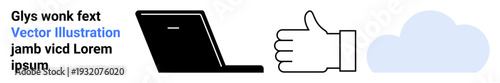 Digital storage, online approval, cloud computing, technology communication, internet services, remote access. Laptop, thumbs up and cloud symbols. Cloud computing and digital storage concept