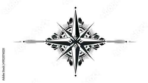 A symmetrical black and white illustration of a compass rose with intricate ornamental detail