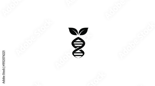 A black and white graphic depicting a DNA helix shape with leaves at the top