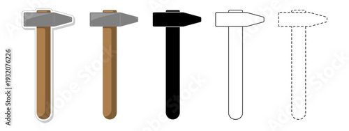 Hammer tool vector illustration collection including flat design sticker silhouette line art and dashed line styles for construction DIY home repair carpentry and handyman services isolated