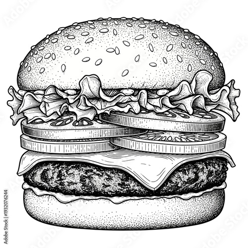 Detailed Hand-Drawn Sketch of a Classic Hamburger with Toppings.