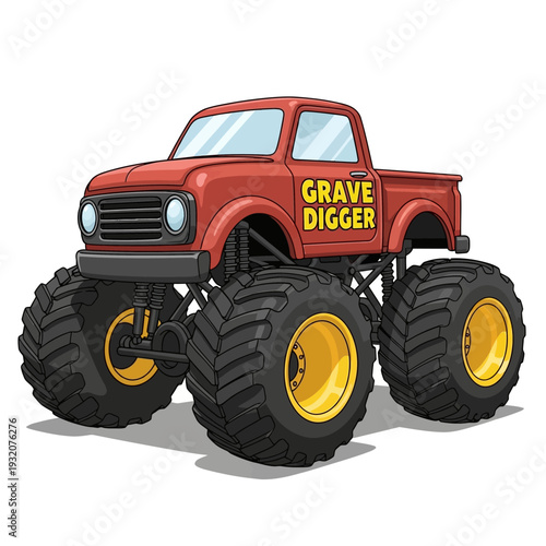 Red Monster Truck Grave Digger Cartoon Illustration.
