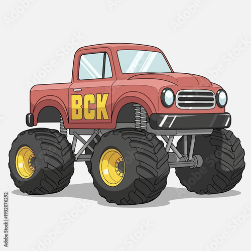 Red Monster Truck with Large Wheels and BCK Lettering.
