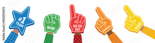Collection of Colorful Foam Fingers and Hands for Sports Fans with Diverse Motivational Text and Positive Gestures for Team Support Isolated on White Background Vector