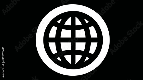 A white logo design, depicting a stylized globe enclosed by a circle, set against a black backdrop