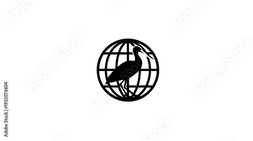 A black silhouette of a bird stands inside a globe. The image is on a white background