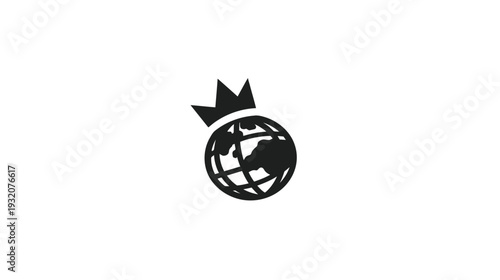A black and white graphic depicting a globe crowned with a stylized pointed emblem