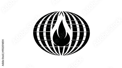A globe shape is disrupted by a white central element resembling a stylized flame or droplet