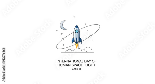 Simple Line Drawing of Rocket Ship Launching.