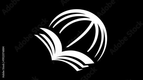 A white graphic design of a partially open book integrated with a curved sphere