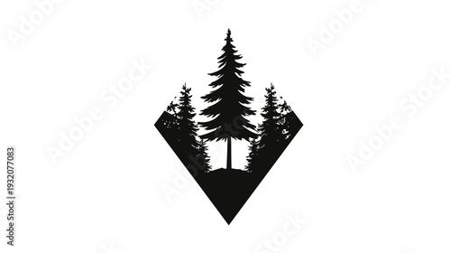 Silhouetted illustration of a forest inside a diamond shape against a white background