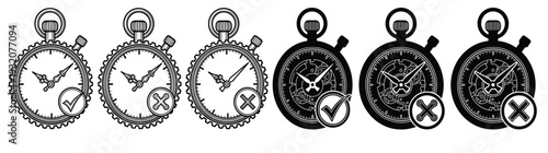 Set of Minimalist Pocket Watch Icons with Check and X Marks for Time Management and Deadline Success or Failure Recognition Isolated on White Background Vector Illustration