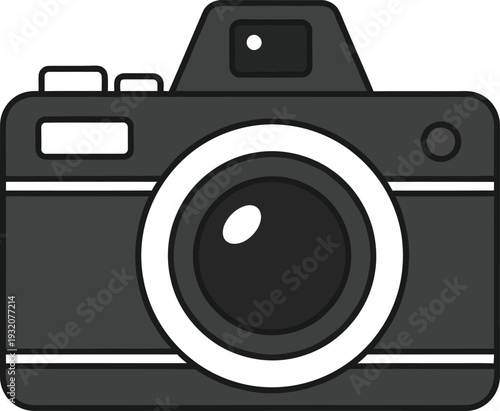 A black and white illustration of a digital camera with a large lens
