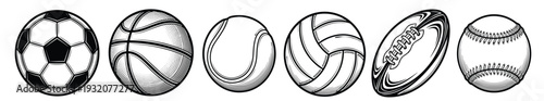 Comprehensive Collection of Diverse Sports Balls Including Soccer Basketball Tennis and American Football in Minimalist Black and White Vector Illustration for Team Athletics