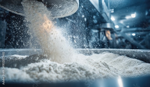 Industrial Production of Fine White Powder in a Manufacturing Facility.