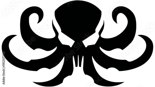 A stylized black illustration, featuring a creature with a rounded head and spiraling, flowing appendages