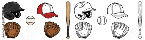 Professional Baseball Equipment Vector Icon Set Featuring Helmet Cap Bat Glove and Ball in Shaded Color and Line Art Outline Illustrations Isolated on White Background