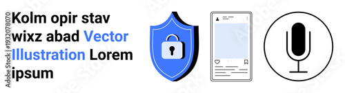 Cybersecurity, privacy protection, digital communication, media sharing, audio recording, mobile technology. Blue shield with lock, phone interface microphone icon. Cybersecurity and privacy