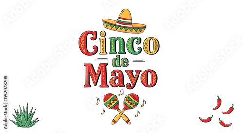 Colorful Cinco de Mayo Text with Sombrero.