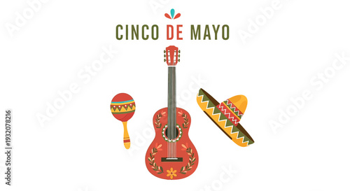 Colorful Guitar Maracas Sombrero Cinco de Mayo.