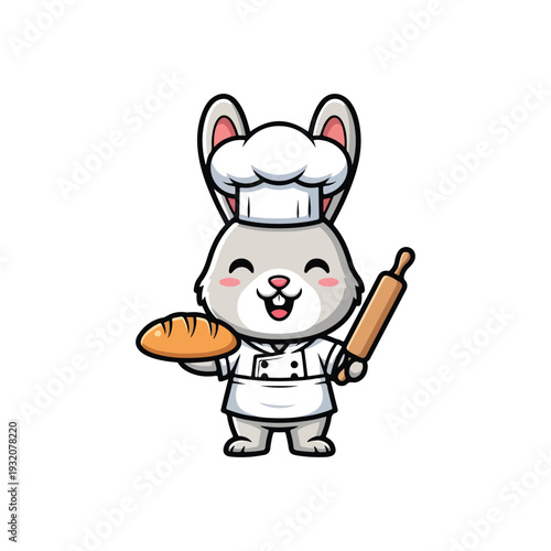 Cute Rabbit Baker Character Wearing Chef Hat Holding a Loaf of Bread and Rolling Pin, Adorable Bunny Pastry Cook Mascot, Bakery and Patisserie Illustration Isolated on White Background