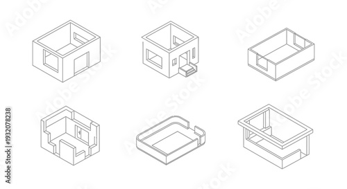 collection of isometric line art drawings illustrating various architectural building blocks and abstract room layouts ideal for design concepts.