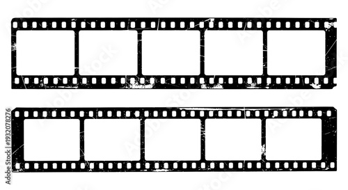 distressed film strips with blank frames on white evoking vintage cinema and photography for creative design projects