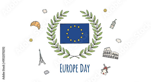 Europe Day Illustration with Landmarks and Flag.