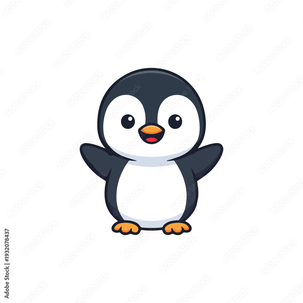 Obraz premium Cute Baby Penguin Character Waving and Smiling, Adorable Little Penguin Mascot with Open Wings, Lovely Antarctic Animal Vector Illustration Isolated on White Background