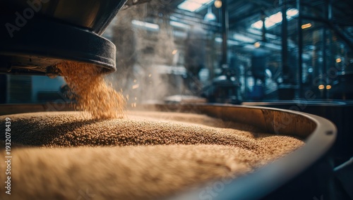 Industrial process of pouring grain into a large vat for processing.