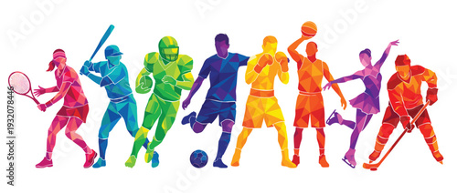 Comprehensive Set of Colorful Low Poly Geometric Sports Silhouettes Featuring Athletes for Athletic Competition and Physical Fitness Graphic Design Isolated on White Background