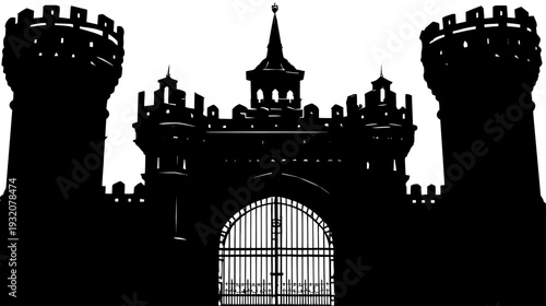A silhouette of a castle with tall towers and a prominent gate, set against a white backdrop