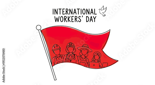 Red flag with workers silhouettes illustration.