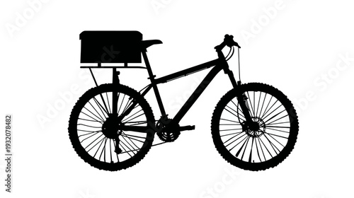 A bicycle silhouette, complete with carrier, prominent tires, and handlebars, outlined against white