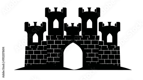 A black silhouette of a medieval castle with turrets, arched entrance, and brick walls
