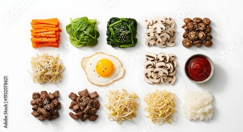 Korean bibimbap ingredients neatly organized on white background with carrot spinach mushrooms bean sprouts egg and meat