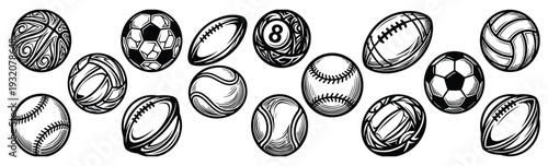 Large Set of Hand Drawn Sports Ball Vector Icons in Etched Style Featuring Soccer Football Basketball and Tennis for Athletic Games Illustration Isolated on White Background