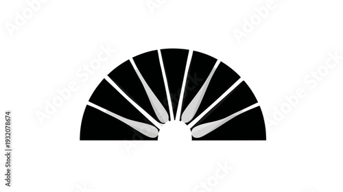 A semi-circular abstract design. A fan shape with gray and white forms, black background