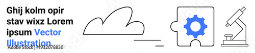 Cloud computing, technology solutions, education tools, scientific research, innovation, and analysis. Cloud icon, gear in puzzle and microscope. Cloud computing and technology solutions