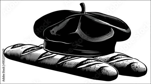 Black and white illustration of two loaves of bread and a chef's hat