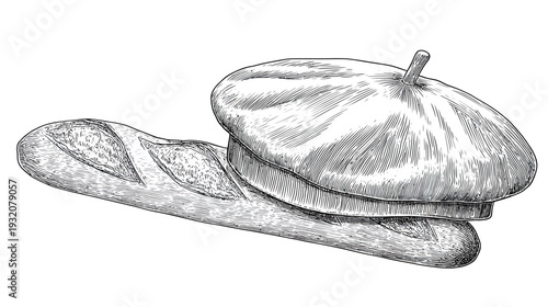 Black and white illustration of a beret resting on a baguette, with cross-hatching for texture