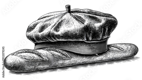 A black and white illustration of a beret atop a loaf of crusty bread