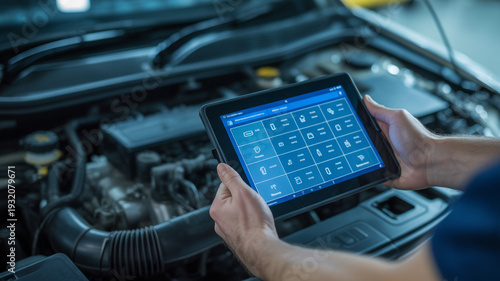 Mechanic Using Tablet to Diagnose Car Engine with Diagnostic Icons image photo