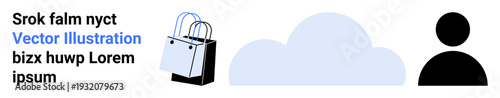 E-commerce, cloud computing, digital identity, online storage, user management, technology integration. Shopping bag, cloud shape user icon. E-commerce and cloud computing visualization