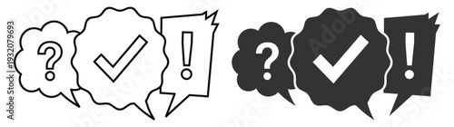 Set of speech bubble icons with question mark check mark and exclamation mark symbols in line and flat styles for website communication and user interface design vector illustration