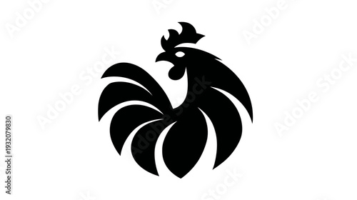 A silhouette of a rooster. Features details like a comb, beak, eye, and fanned tail