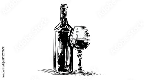 Ink illustration of a wine bottle next to a filled wine glass with elegant stem