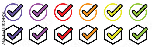 Set of colorful check mark icons in circular and hexagonal frames for website and mobile application interface design showing verification and approval status flat vector illustration
