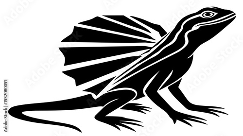 A black and white stylized illustration featuring a lizard with a large, fan-like frill
